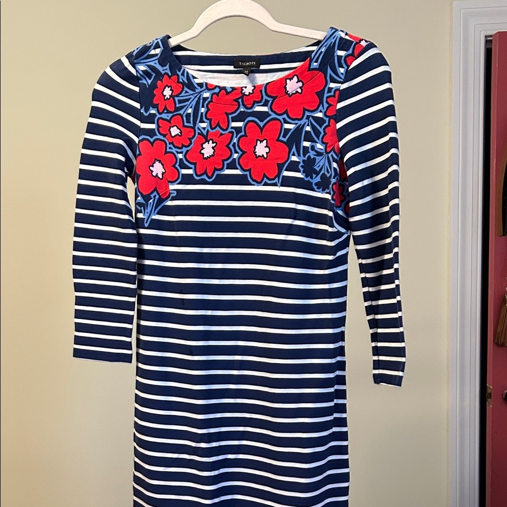 Talbots Navy and White Striped Dress with Red Floral Accents